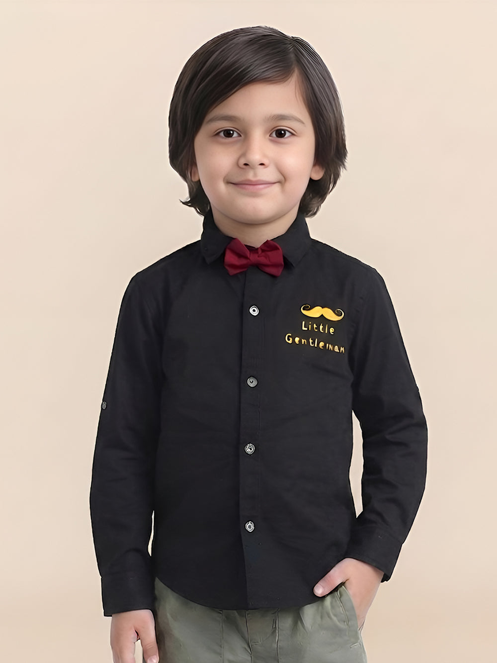 Polka Tots Full Sleeve Shirt Little Gentleman print with Red Bow - Black