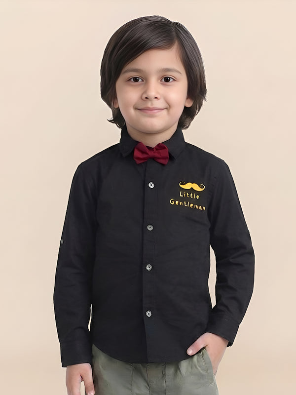 Polka Tots Full Sleeve Shirt Little Gentleman print with Red Bow - Black