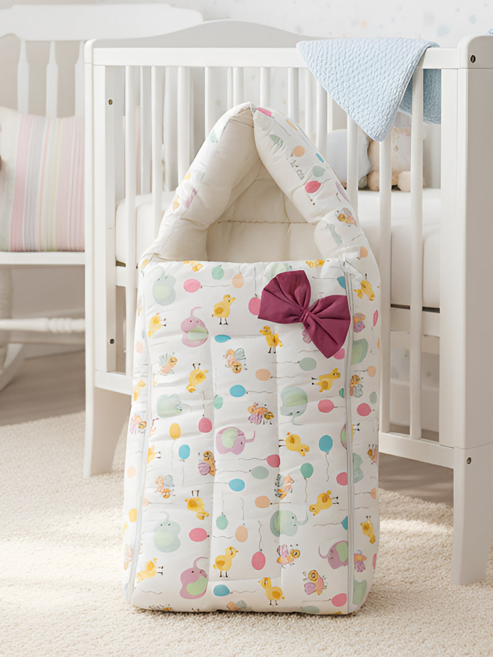 Polka Tots Baby Sleeping Nest Cotton Carry Pod Bedding for Newborn Sleeping Bag with a Bow - Balloon print Yellow