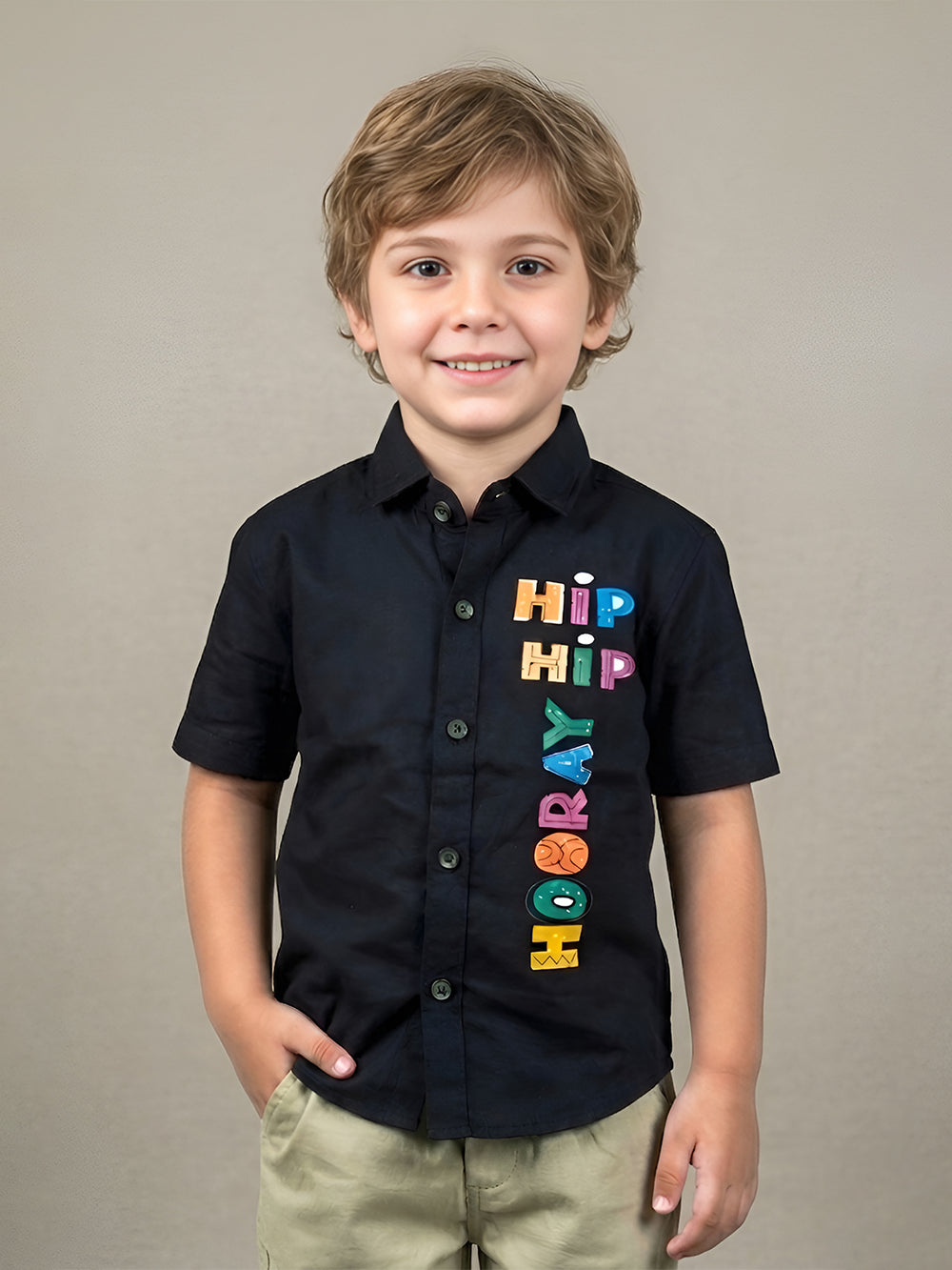Polka Tots Half Sleeve Hip Hip Hooray Print Shirt - Black