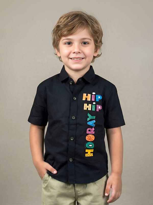 Polka Tots Half Sleeve Hip Hip Hooray Print Shirt - Black