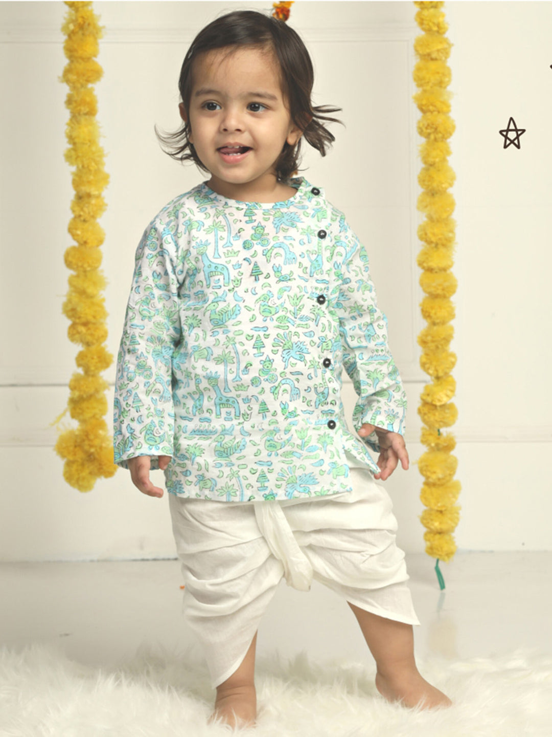 Polka Tots Cotton Full Sleeve Jungle Safari Print Angrakha Top With Dhoti - Blue