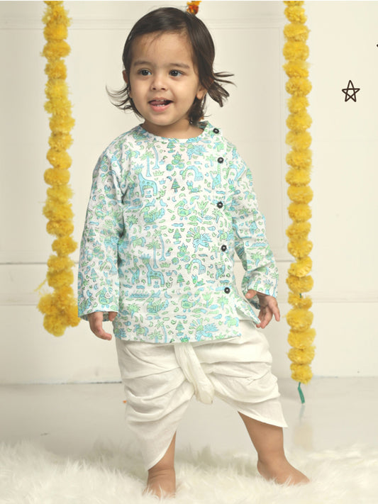 Polka Tots Cotton Full Sleeve Jungle Safari Print Angrakha Top With Dhoti - Blue
