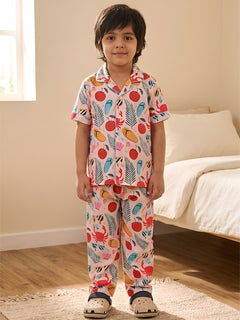 Polka Tots Half Sleeves Beach print Night Suit - Multicolor