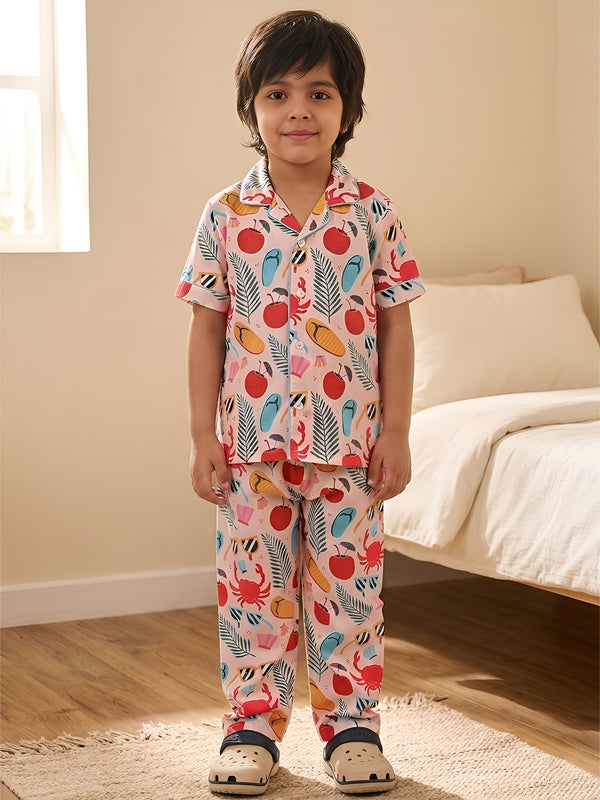 Polka Tots Half Sleeves Beach print Night Suit - Multicolor