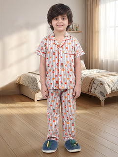 Polka Tots Half sleeves Stripes Fruit print Night Suit - Multicolor