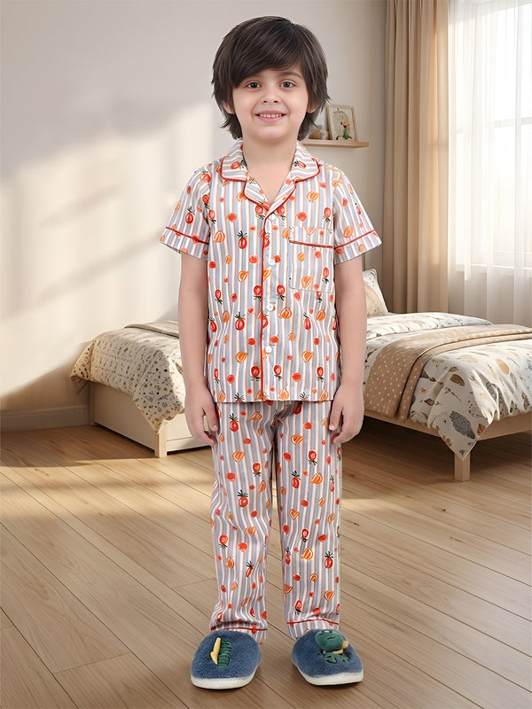 Polka Tots Half sleeves Stripes Fruit print Night Suit - Multicolor