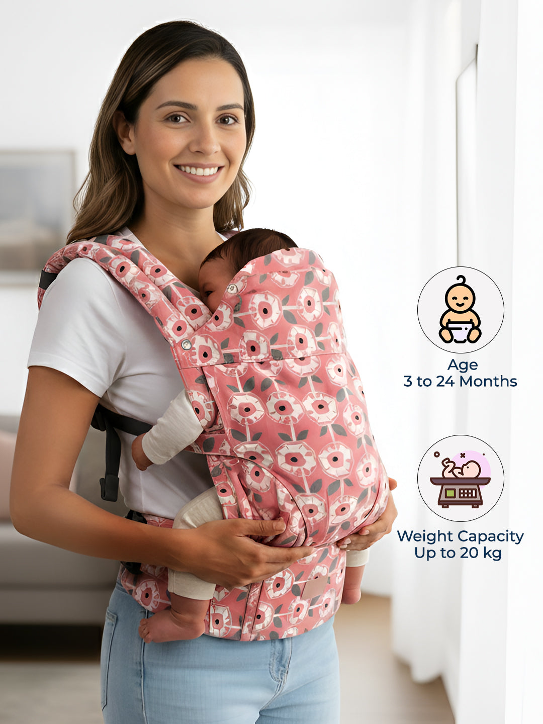 Woman using a floral baby carrier with product details on a white background