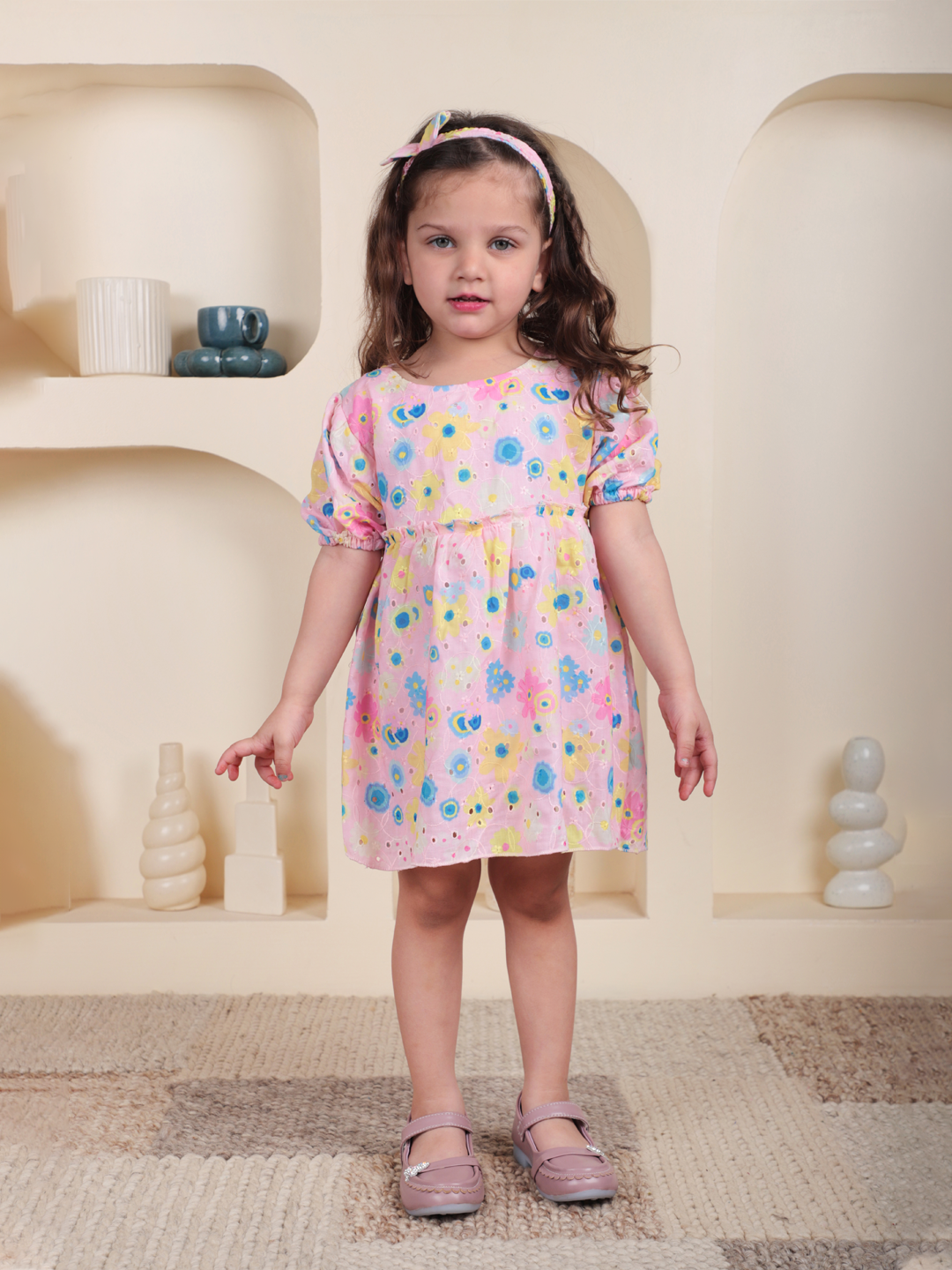Polka Tots Half sleeve Floral print Frock with Headband - Pink