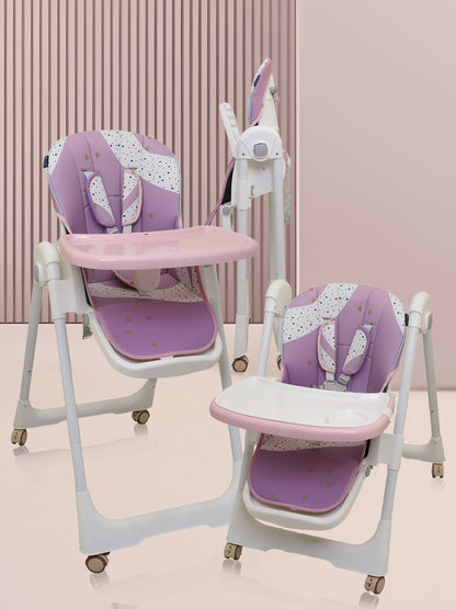 Purple and pink baby high chair with white frame on a light pink background