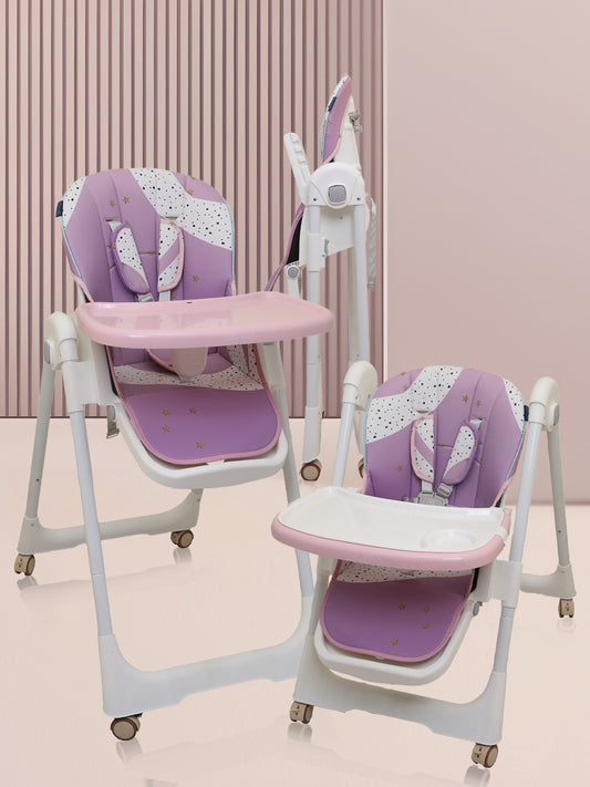 Purple and pink baby high chair with white frame on a light pink background