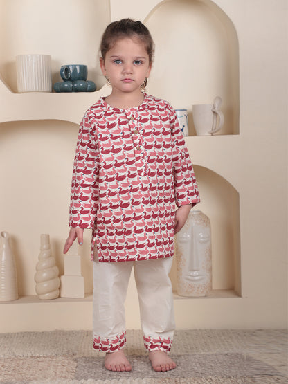 Polka Tots Full sleeves Swan print Nightwear Kurta pyjama set - Pink