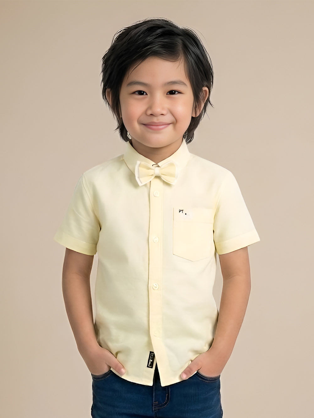 Polka Tots Half sleeve Plain Shirt With Dual Bow Tie - Yellow