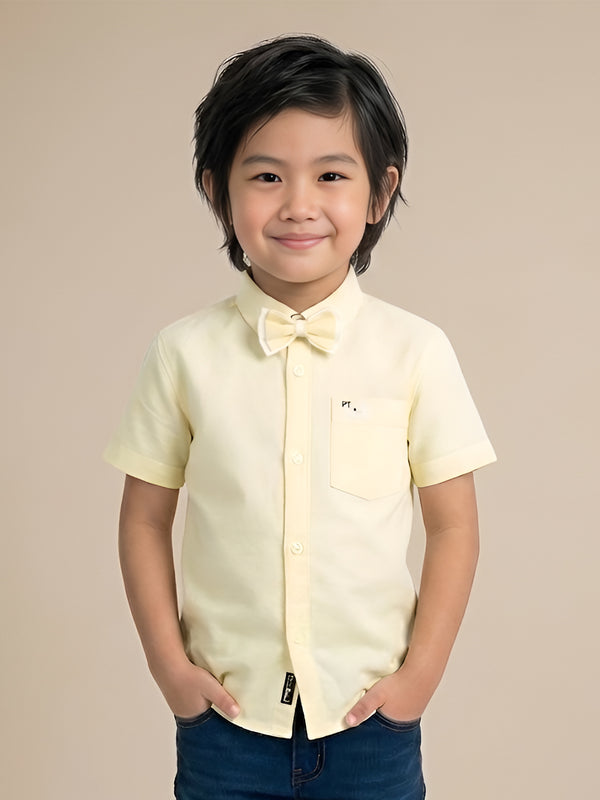 Polka Tots Half sleeve Plain Shirt With Dual Bow Tie - Yellow