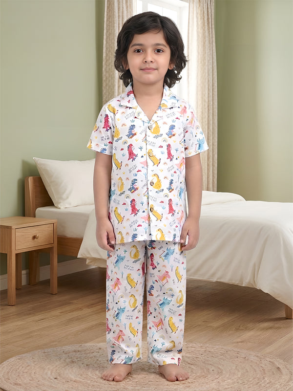 Polka Tots Half Sleeve Dinosaur print Night Suit - Multicolor