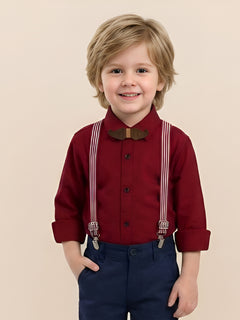 Polka Tots plain party shirt with wood bow tie and stripe suspender - Red