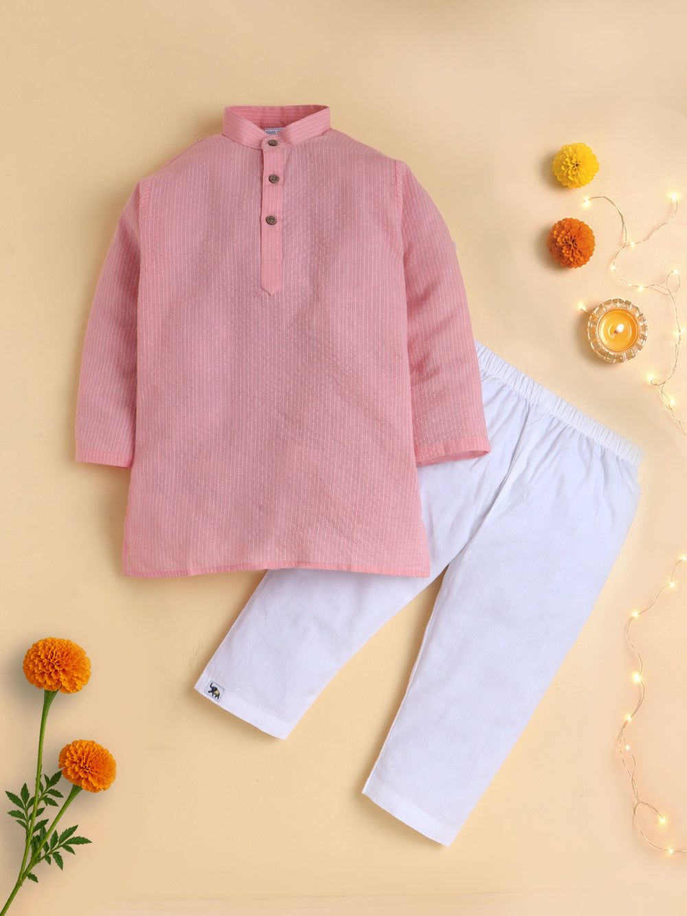 Polka Tots Kantha Work Full Sleeves Ethnic Kurta pyjama set - Pink
