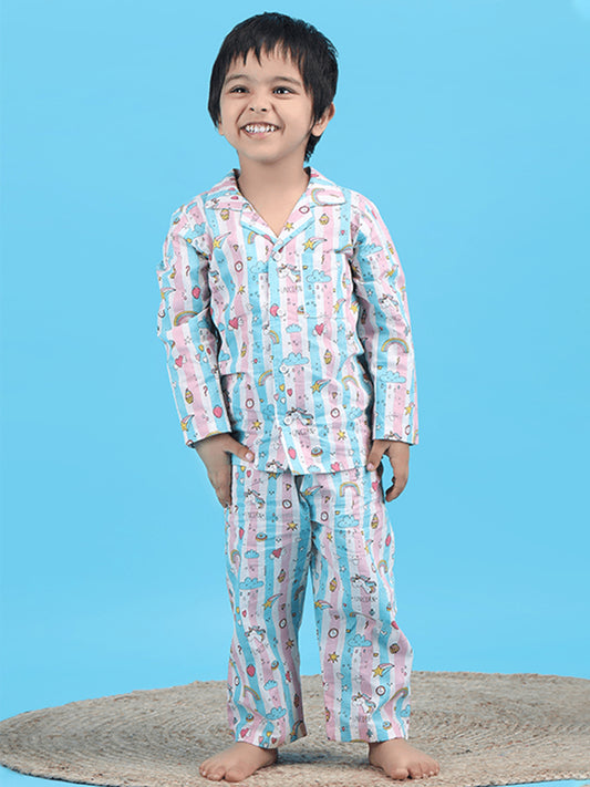 Polka Tots Full sleeves Unicorn print Stripes Night suit - Pink