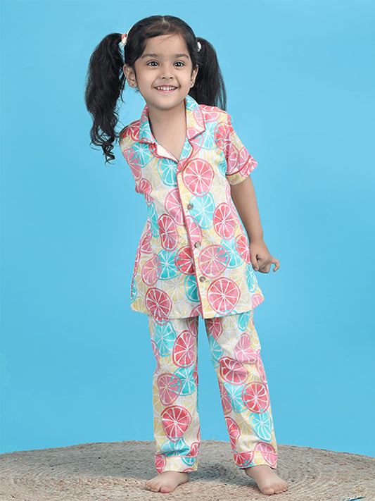 Polka Tots Half Sleeve Lemon print Night Suit - Multicolor