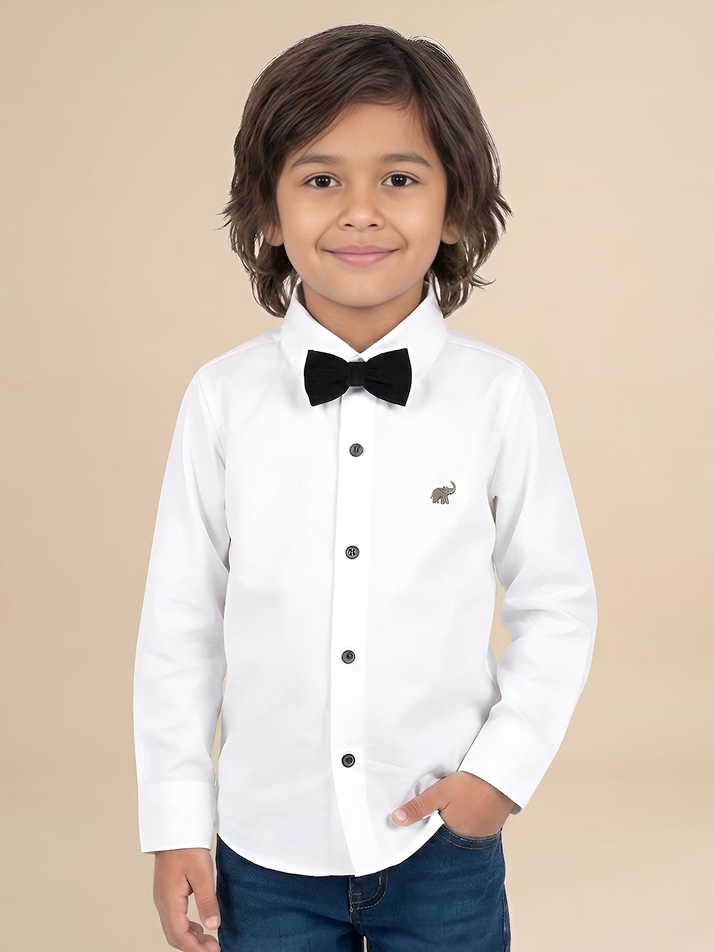 Polka Tots Full Sleeves Solid Shirt With Bow Tie - White