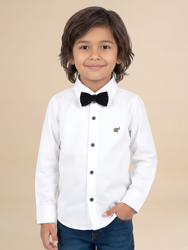 Polka Tots Full Sleeves Solid Shirt With Bow Tie - White