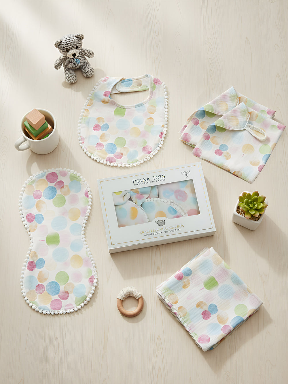 Polka Tots Newborn Pack of 5 100% Soft Double-Layer Muslin Cotton Essentials Gift Box – Polka Dots Print