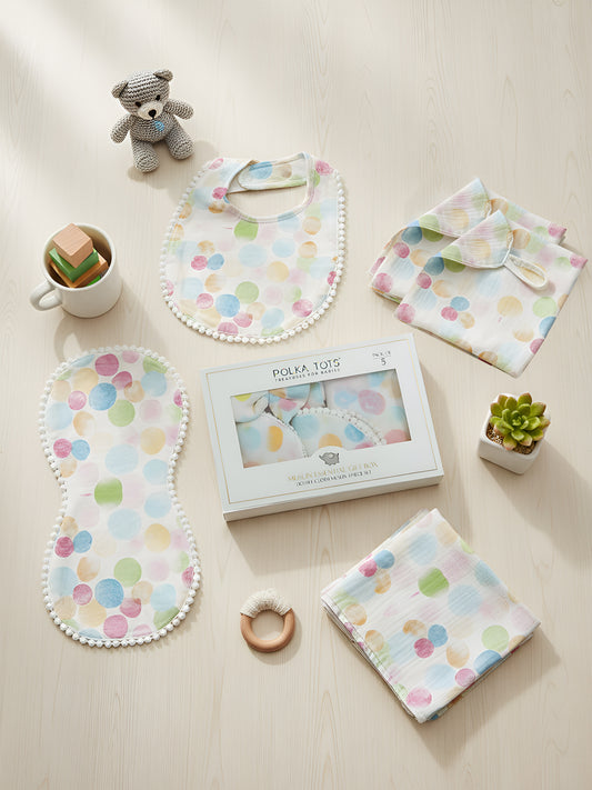 Polka Tots Newborn Pack of 5 100% Soft Double-Layer Muslin Cotton Essentials Gift Box – Polka Dots Print