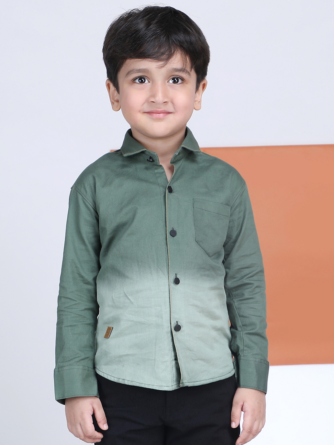Polka Tots Full Sleeves Cotton Ombre Effect Shirt - Green