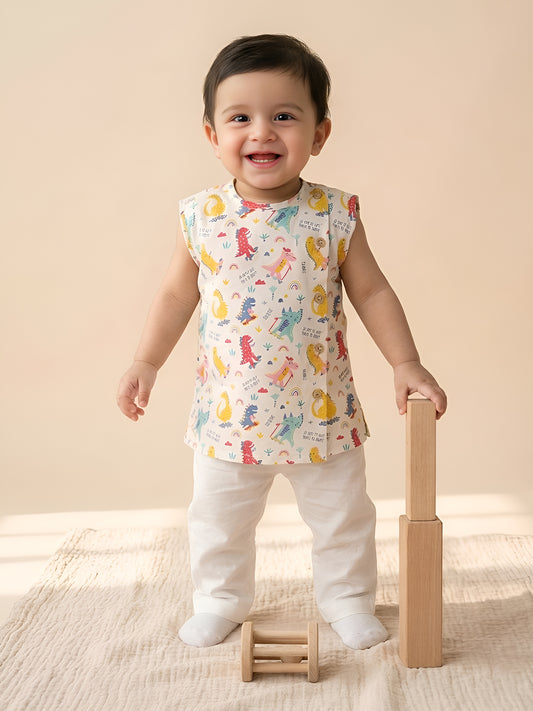 Polka Tots Cotton Sleeveless Dinosaur print Jhabla and Pant Set - Multicolor