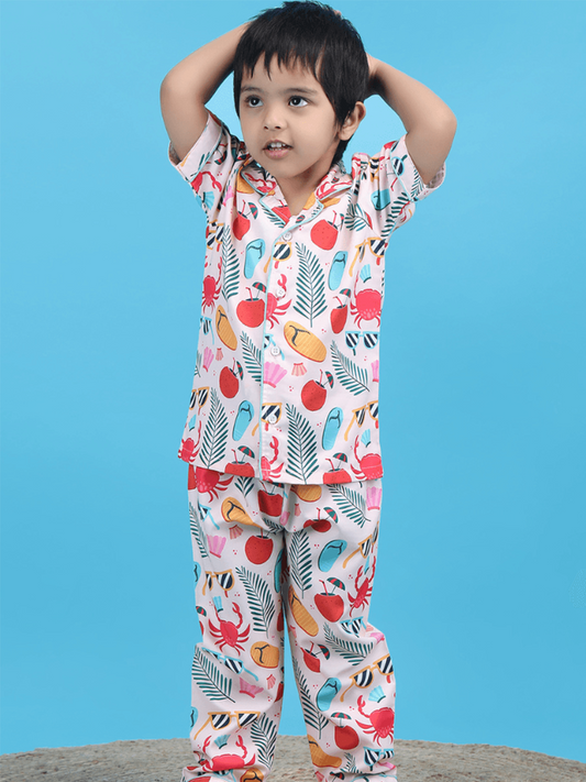 Polka Tots Half Sleeves Beach print Night Suit - Multicolor