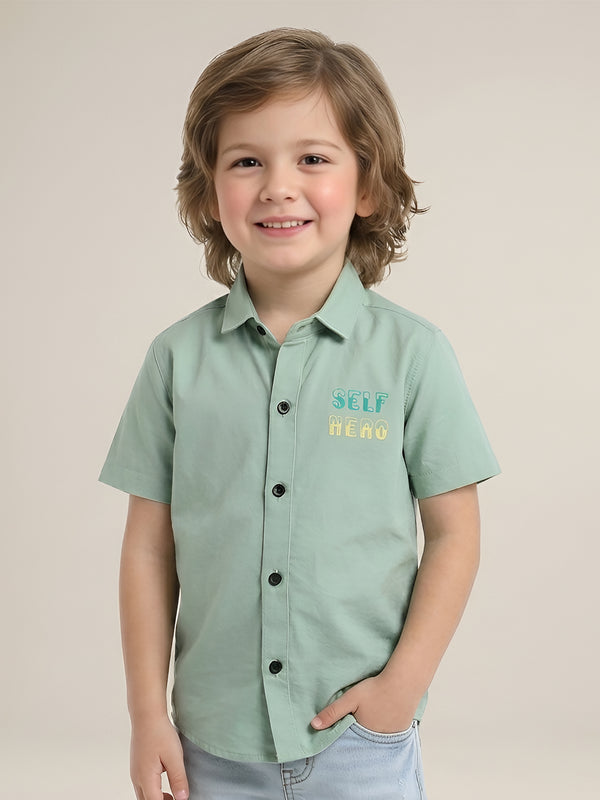 Polka Tots Cotton Regular Fit Half Sleeve Self Hero Metallic Print Shirt - Sea Green