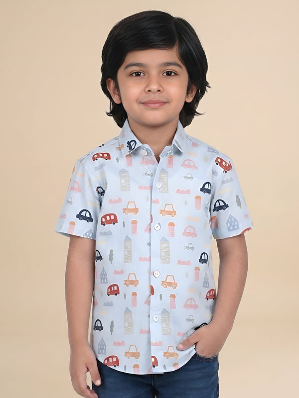 Polka Tots Half Sleeves Vehicles print Shirt - Blue