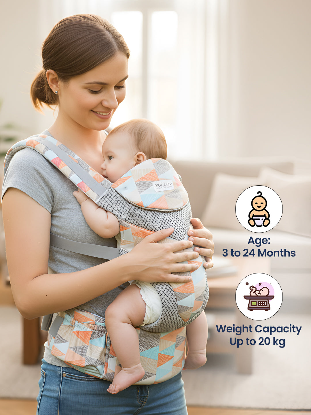 Woman holding a baby in a carrier with product features displayed.