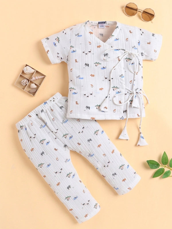 Polka Tots Wrinkled Muslin Cotton Jungle Safari Print Kediya Jhabla & Pant Set - White