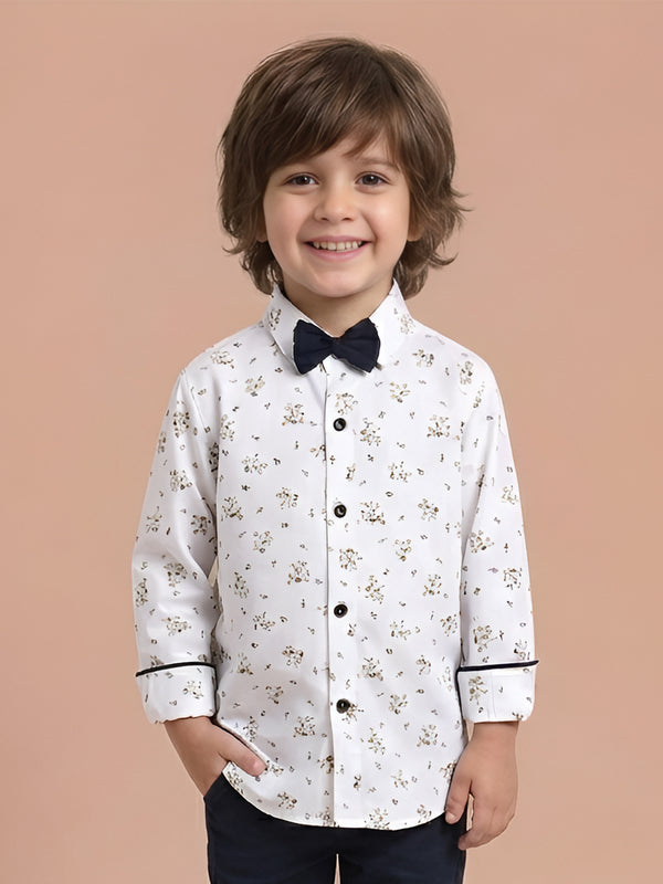 Polka Tots floral print party wear bow tie shirt - White