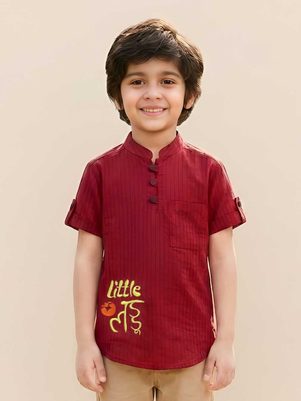 Polka Tots Half Sleeve Striped Kurta with Hindi Graphic - Maroon
