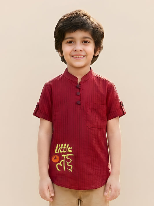 Polka Tots Half Sleeve Striped Kurta with Hindi Graphic - Maroon
