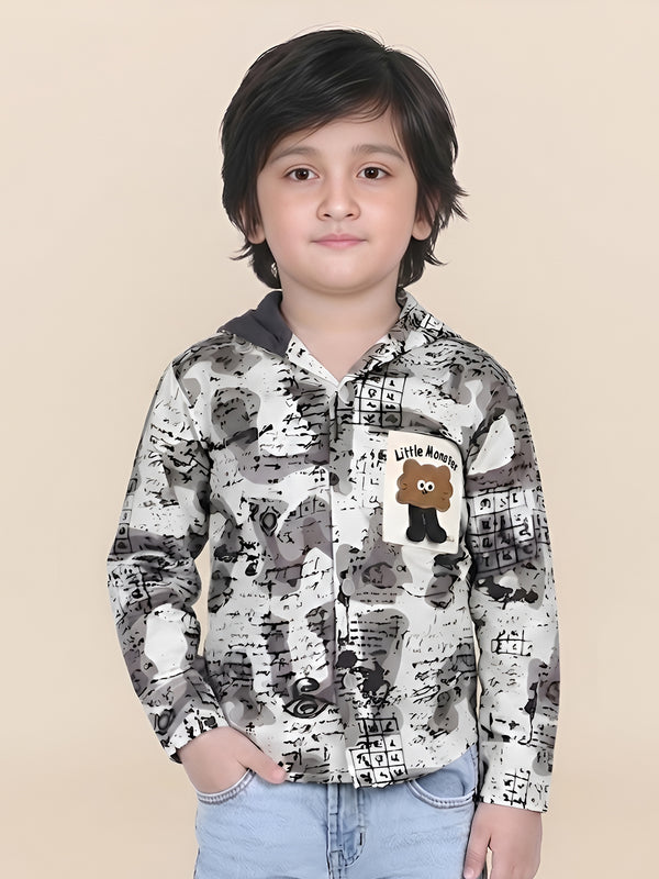 Polka Tots Full Sleeves Abstract Scribble Print Hooded Kids Shirt with Smiley Patch - Cream