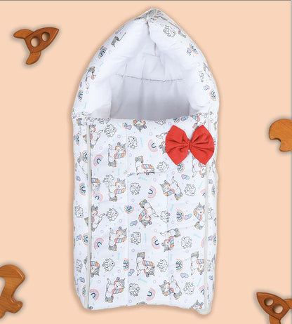 Polka Tots Baby Sleeping Nest Cotton Carry Pod Bedding for Newborn Sleeping Bag with a Bow -Unicorn print White