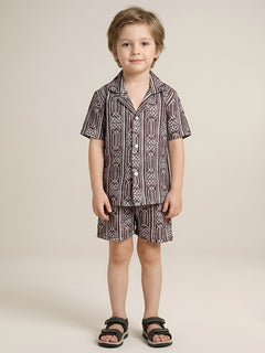Polka Tots Half Sleeve Geometric print Co-ords - Brown