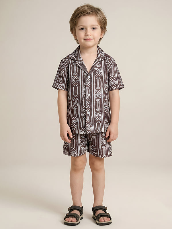 Polka Tots Half Sleeve Geometric print Co-ords - Brown
