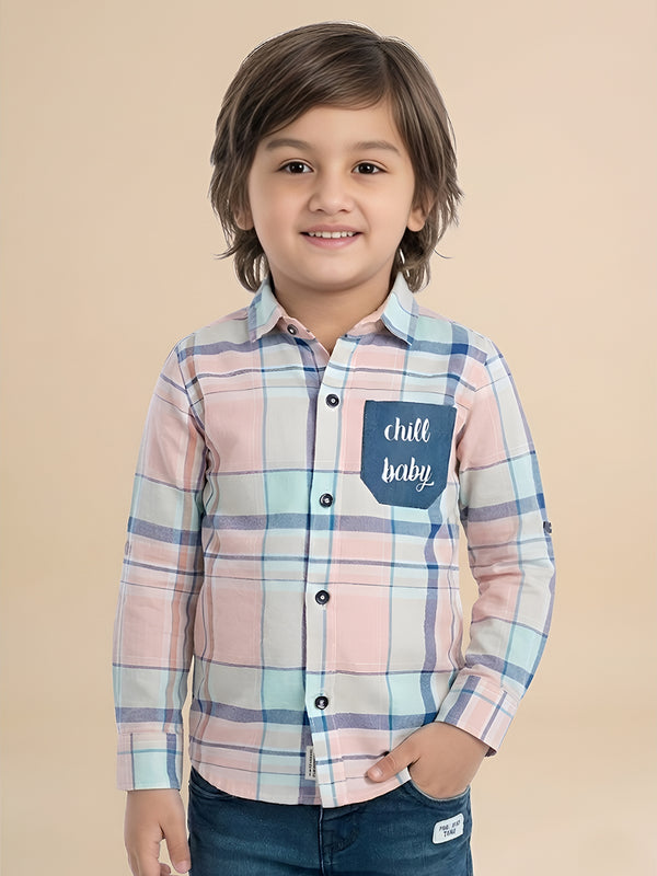 Polka Tots Full Sleeves Chill Baby print Checks Shirt - Blue and Yellow