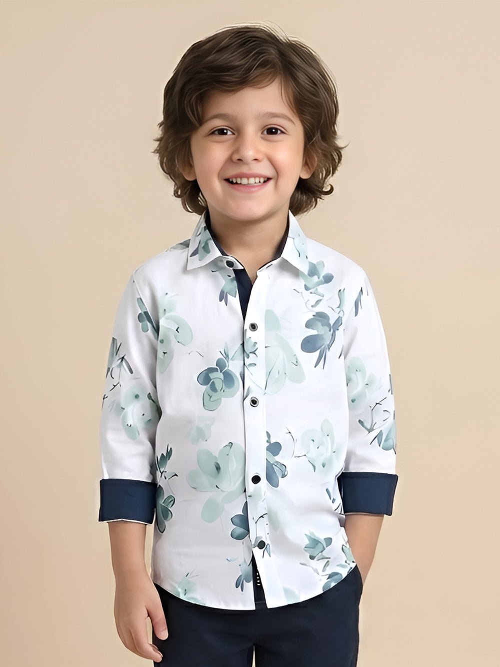 Polka Tots Full Sleeve Shirt Blue Floral Print - White