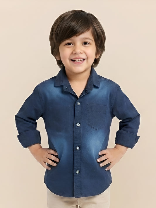 Polka Tots Cotton Full Sleeves Wash Effect Denim Shirt - Blue