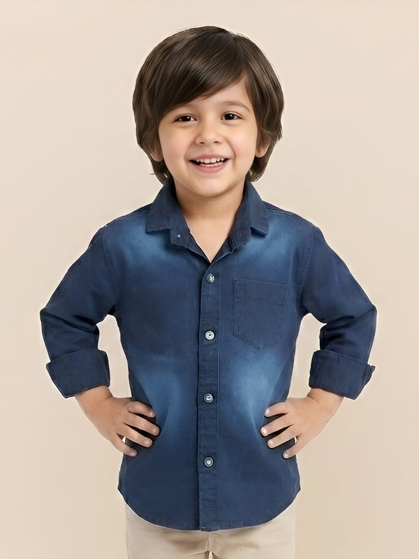 Polka Tots Cotton Full Sleeves Wash Effect Denim Shirt - Blue