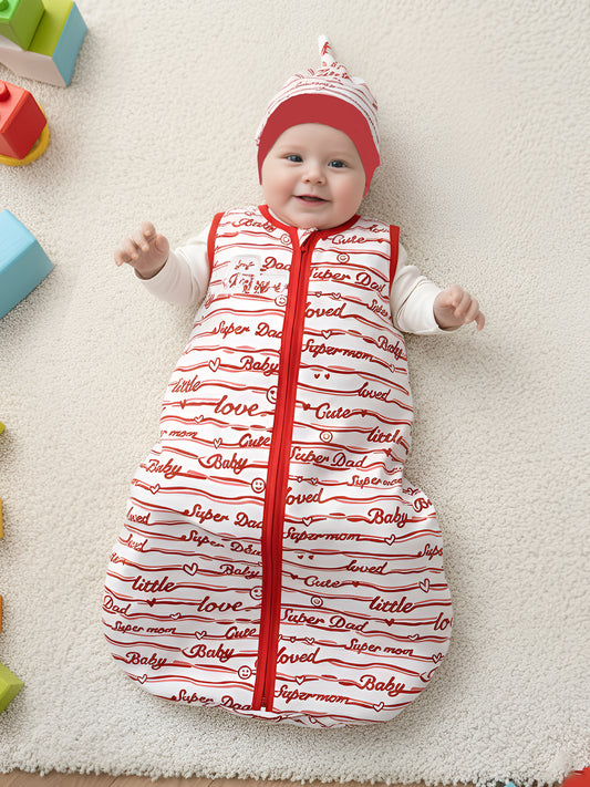 Polka Tots 100% Soft Cotton Baby Love Print Sleeping Bag with Cap - Red