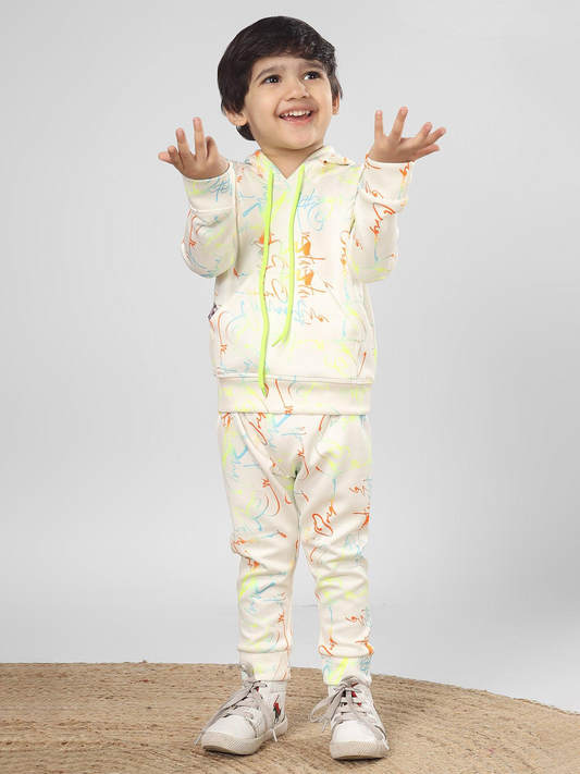 Polka Tots Full sleeve Neon Letters Print Co-ord Set - White