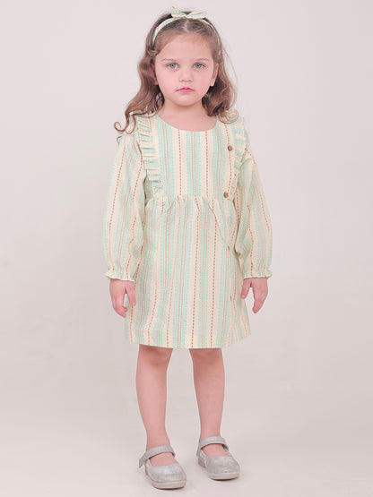 Polka Tots Full sleeve Stripe print Frock with Headband - Green