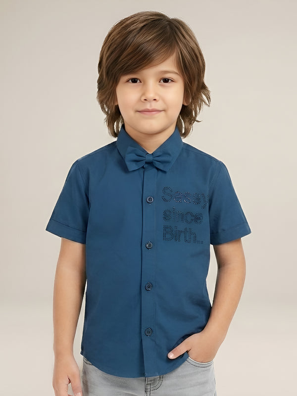 Polka Tots Cotton Regular Fit Sassy Since Birth Diamonds Party Wear Shirt With Bow Tie - Navy Blue