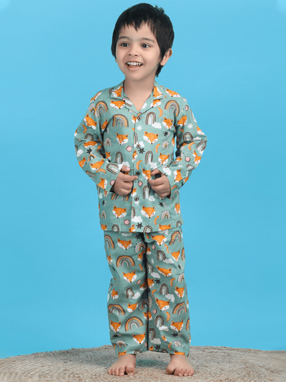 Polka Tots Full sleeves Fox print Night Suit - Green